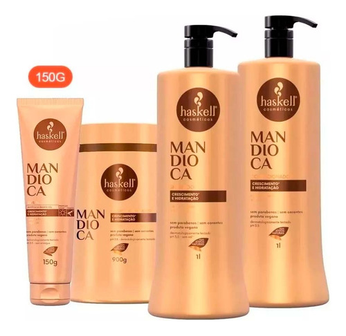 Kit Mandioca Haskell Shampoo Condicionador Máscara 1l + Leav