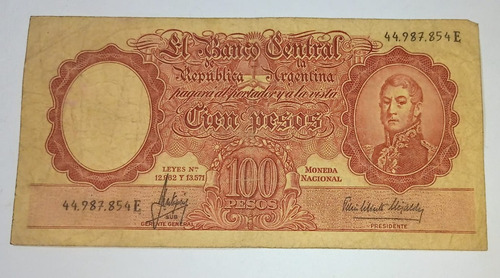 Billete Argentina 100 Pesos M. Nacional 1966 Vf
