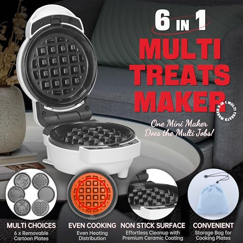 Mini Waffle Maker 6 En 1 Con Placas Removibles, Mini Waffle