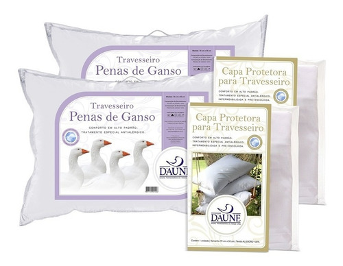 Kit Travesseiros 2 Peças 100% Pena Daune + 2 Capas Proteção