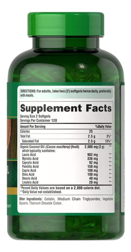 Puritan's Pride Óleo De Coco Coconut - 1000mg 240 Capsulas Sabor Sem sabor