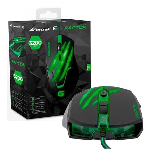 Mouse Gamer Fortrek Raptor Series Om801 Usb Preto E Verde