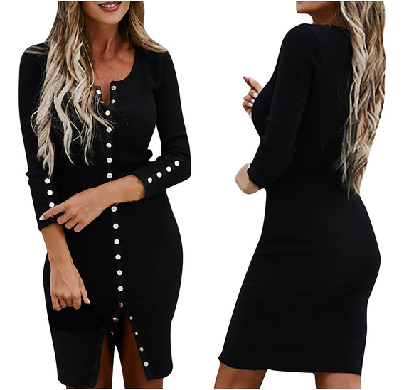 Vestido Mujer Manga Completa Solid Hight Split Manga Larga N Vestido Mujer Manga Completa Solid Hight Split Manga Larga N