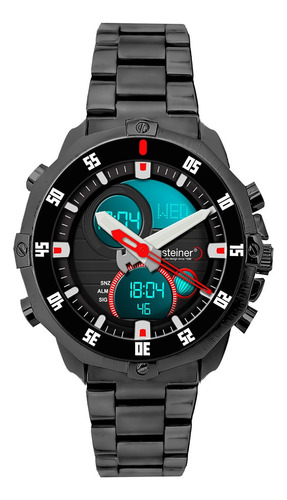 Reloj Análogo Digital Para Caballero, Subesferas. Steiner Correa Negro Bisel Negro Fondo Negro