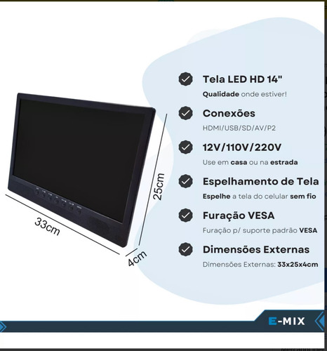 Monitor Tomate Tv 14.1 Mtm-1411 Potatil Espelhamento Preto