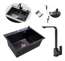 Comprar Cuba De Pia Quadrada Para Cozinha Bancada Gourmet Completa Com Acessórios Preta + Torneira Monocomando Luxo Slim Em L Acabamento Fosco Aço Inox Cor Preto Brinovar