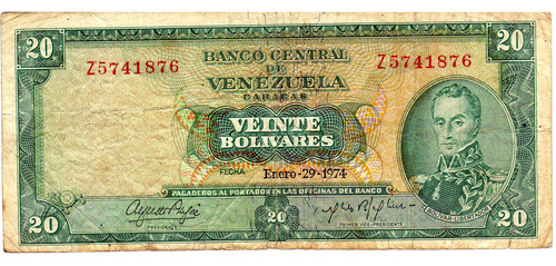 20  Bolivares Venezuela 1974 Billete Coleccion 