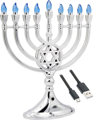 Menorá Eléctrica Tradicional De Leds De Plata Para Hanukk...