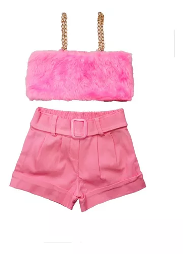 Conjunto Infantil Barbie Roupa Short Blusa Cropped Menina