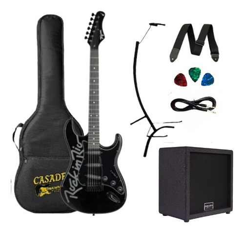 Kit Guitarra Strato Tagima Preta Rock In Rio + Caixa