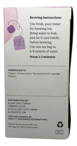 Allegro Tea, Bolsas De Té Verde Jazmín Orgánico, 20 Unidades