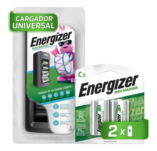 Cargador Universal Pilas Aa Aaa C D 9v Energizer + 2 Pilas Recargables C