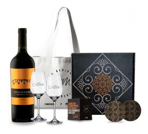 Box Rutini Encuentro Malbec + 2 Copas Vidrio Personalizadas.