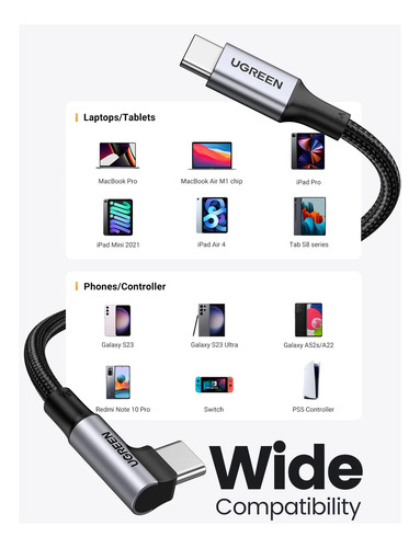 Cabo Ugreen Usb-c 90° Pd 100w Carregamento Rápido 1 Metro