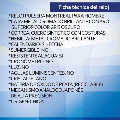 Reloj Montreal Hombre Ml878 Calendario Malla Cuero Sintético