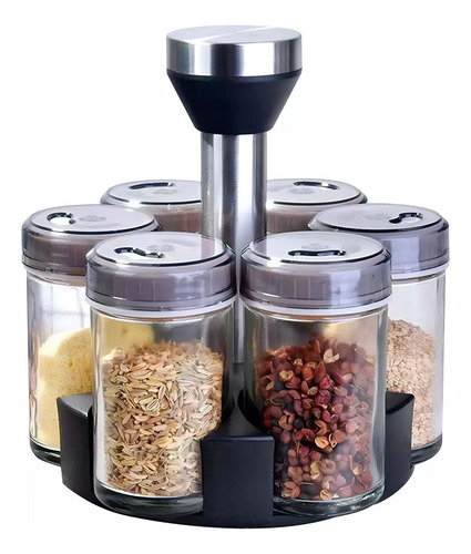 Especiero Giratorio Moderno 360 Kimhi Con 6 Frascos De Vidrio Acero Inoxidable Organizador De Especias Multiusos Para Cocina Color Negro