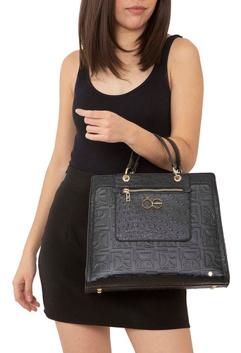 Bolsa Satchel Para Mujer Cloe 2 En 1 Grande Embozado Color Negro