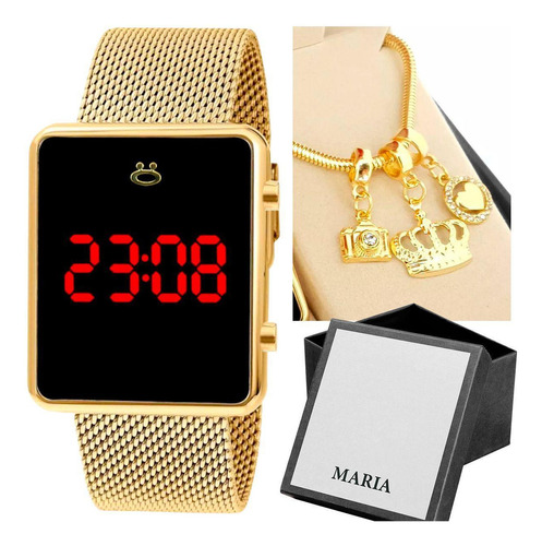 Relogio Feminino Digital Dourado + Caixa + Pulseira Banhada