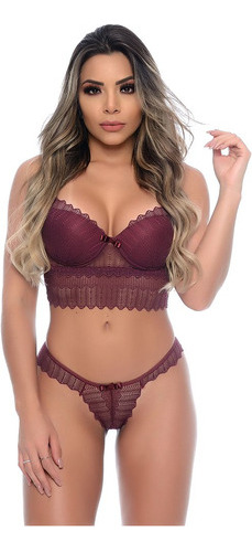 Conjunto Lingerie Rendado Cropped Com Bojo Sensual Langerie