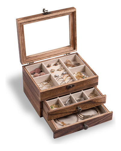 Organizador De Joyas Vintage De Madera Con Tapa Transparente