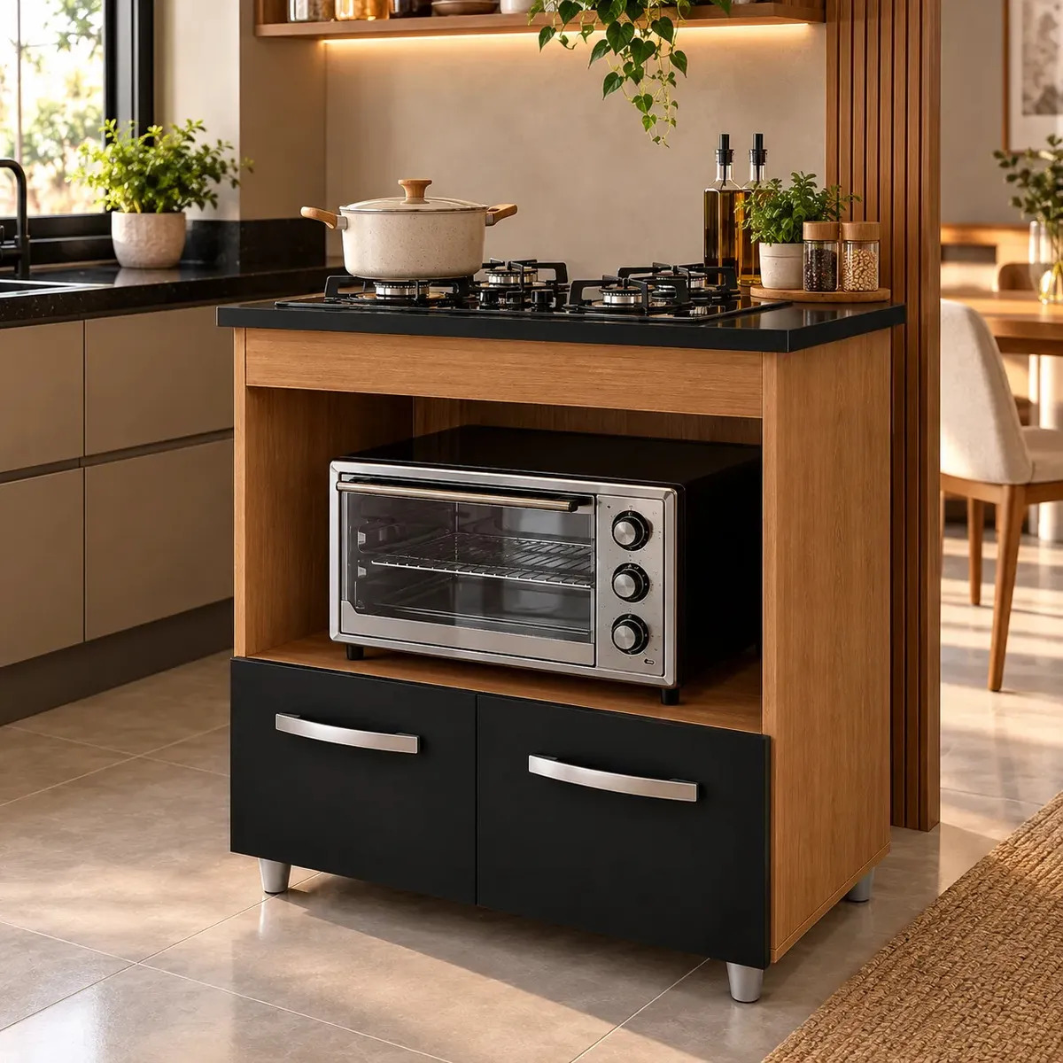 Balcão Para Fogão Cooktop Olívia 4 Bocas Mdp 2 Portas 75cm Cozinha Compacto Forno Microondas Savana Preto