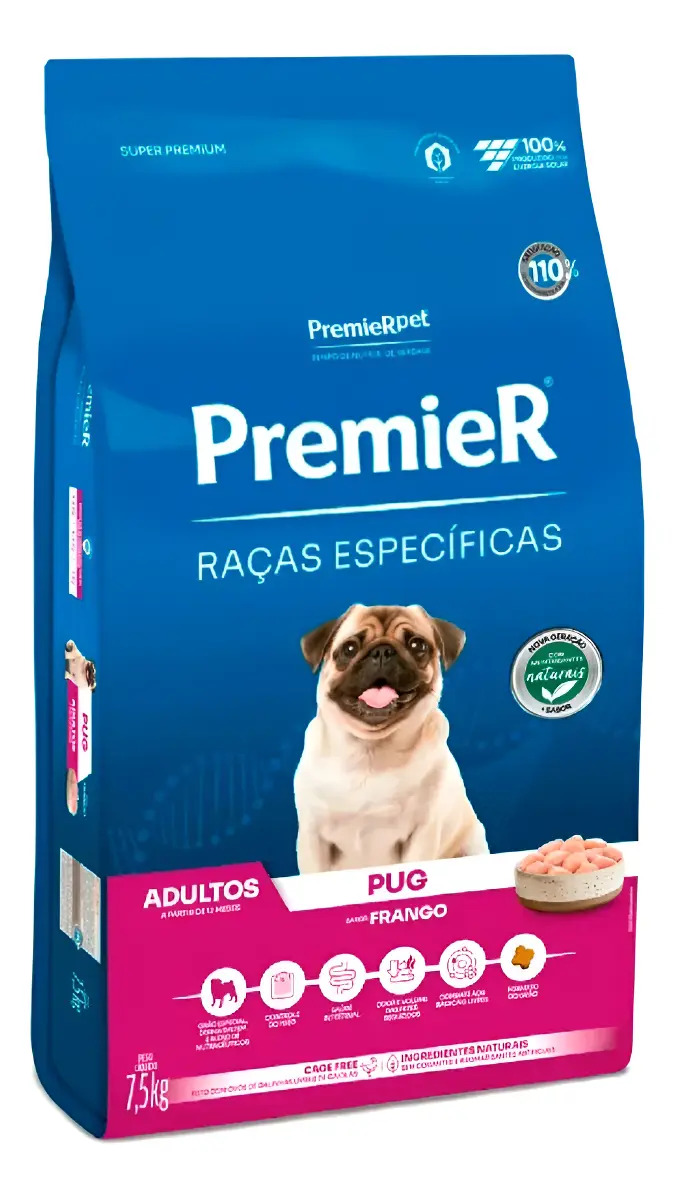 Ração Seca Premier Pug Adulto Sabor Frango 7,5Kg