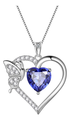 Collar Cadena De Plata 925 Con Dije De Corazón Para Mujer Color Azul - Diciembre