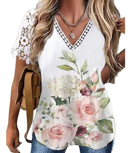 Elegante Playera Casual Para Mujer Con Mangas De Encaje Y E