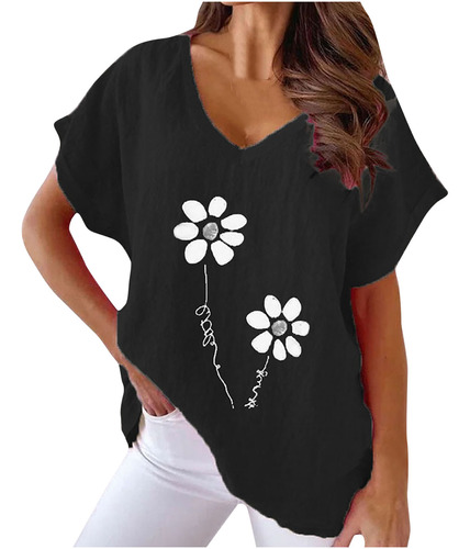 Playera Con Estampado De Cuello En V Para Mujer, Blusas Feme