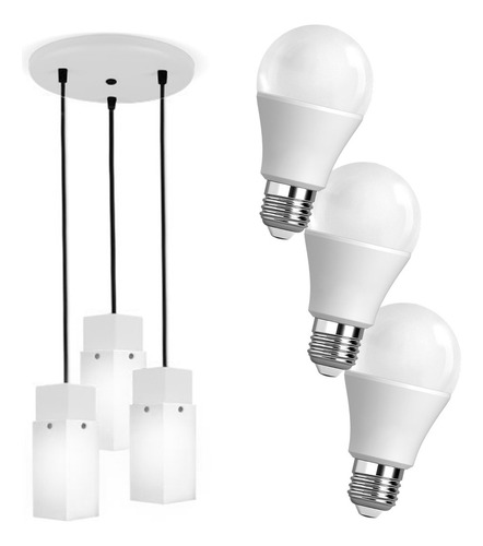 Colgante Moderno Techo Blanco 3 Luces + Lámparas Led Día 12w