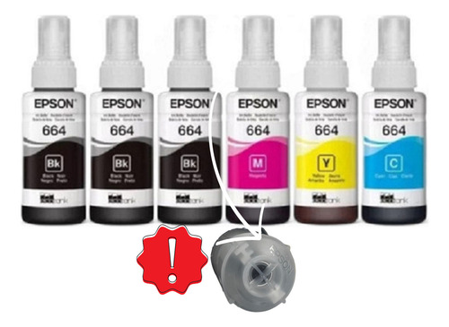 Kit 6 Refil Tinta Para Epson T664 3 Unidade Preto e 1 Unidade Amarelo Ciano e Magenta
