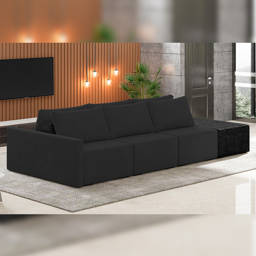 Sofá Ilha Modular Para Sala 342cm com Puff Dublin K01 Veludo Bege e Sintético Preto