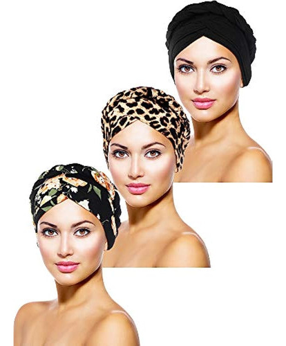 3 Piezas Mujeres Turban Head Wrap Pre-tied Bonnet Beanie Hat