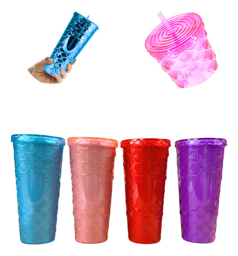40 Vasos Con Textura Doble Pared 30oz Tapa Popote Mayoreo Sirena / Brillos