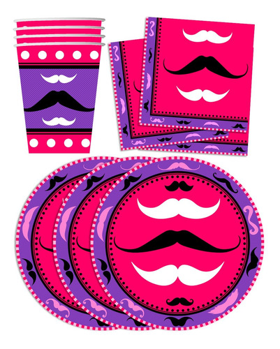 Suministro Para Fiesta Cumpleaño Bigote Rosa Plato Kit