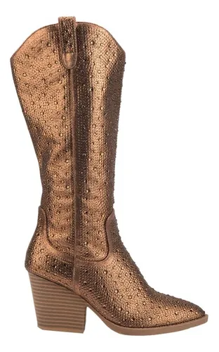 Bota Vaquera Texana De Punta Con Brillos Bronce De Mujer Env o