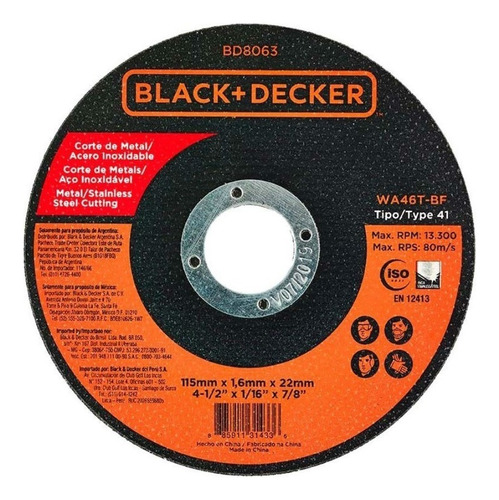 Disco Black+Decker BD8063 Corte 115mm Aluminio Naranja 50pzs