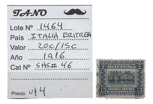 Lote1464 Italia Sello Eritrea 20c/15 Cent  Año 1916 Sas# 46 