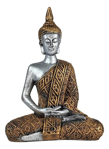 Buda Hindu Tailandês Tibetano Sidarta Resina Prata C/ Ouro