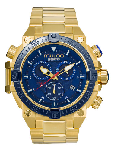 Reloj pulsera Mulco MW-3-20006-024, analógico, para hombre, fondo azul, con correa de acero inoxidable color dorado, bisel color dorado y desplegable