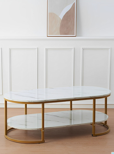 Mesa De Centro De Lujo 2 Niveles Estilo Mármol Brillante