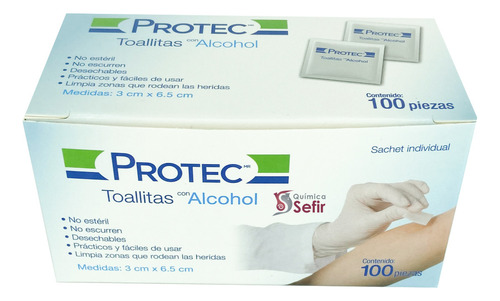Toallitas Con Alcohol Protec 3x6.5 Cm Caja Con 100 Pzas.