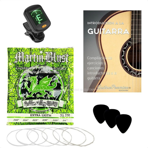 Combo Encordado Guitarra Acústica + Afinador + Manual + Púas