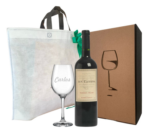 Vino Dv Catena + Copa Vidrio Personalizada Estuche Regalo