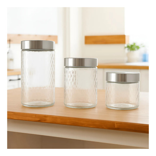 Kit 3 Potes De Vidro Com Tampa Inox Alimentos Mantimentos