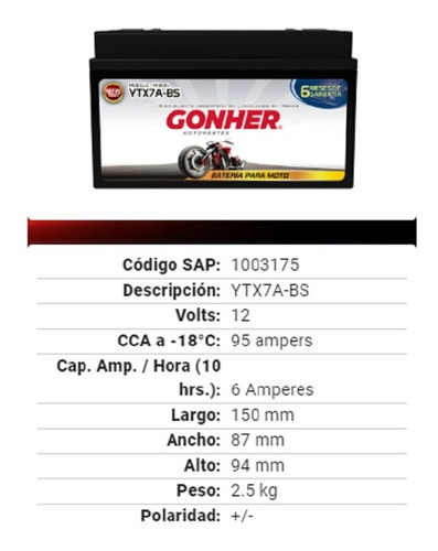 Batería Gonher Ytx7a (motoneta)