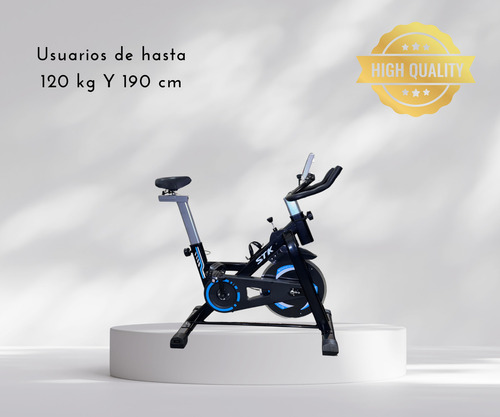 Bicicleta Spinning Fija Stk Con Disco De 11 Kg - Negra Con Celeste - Usuarios De 120 Kg Y 190 Cm - Con Nivelador De Piso Y Asiento Regulable