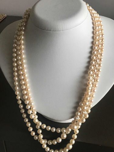 Colar Em Pérola Barroca-3 Fios. Ouro Branco 18k.81.6 Gr.