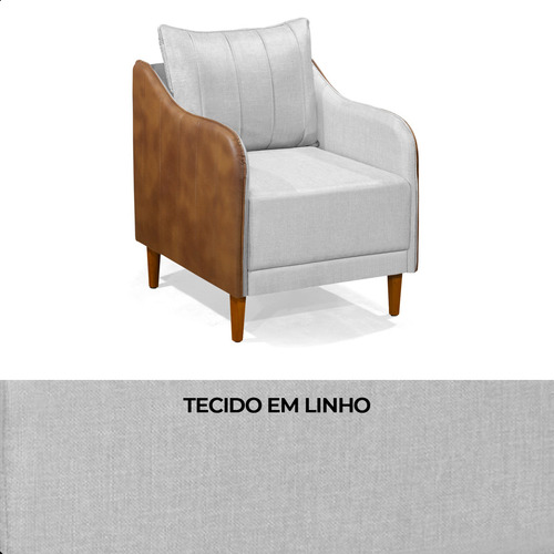 Cadeira Poltrona Sofa Sala de Estar Corano Nozes e Linho com Almofada Pés Palito Castanho Arkell