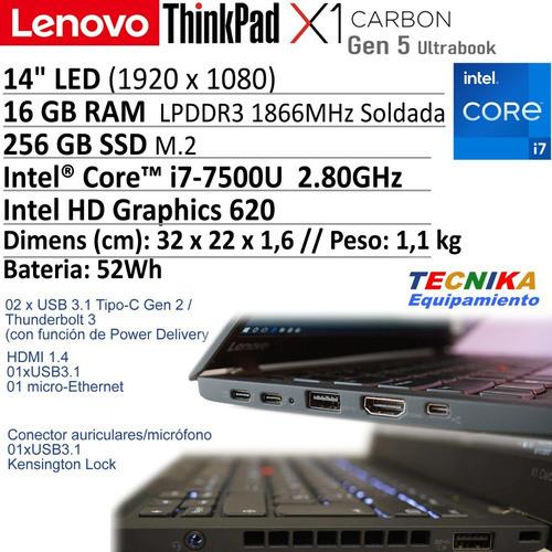 Imagen 7 de 8 de Notebook Lenovo Thinkpad X1 Carbon 5 Gen I7-7500u 8gb 256ssd